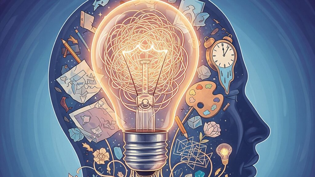 Ilustrasi bola lampu yang kusut di dalam kepala, melambangkan cara mengatasi creative block.
