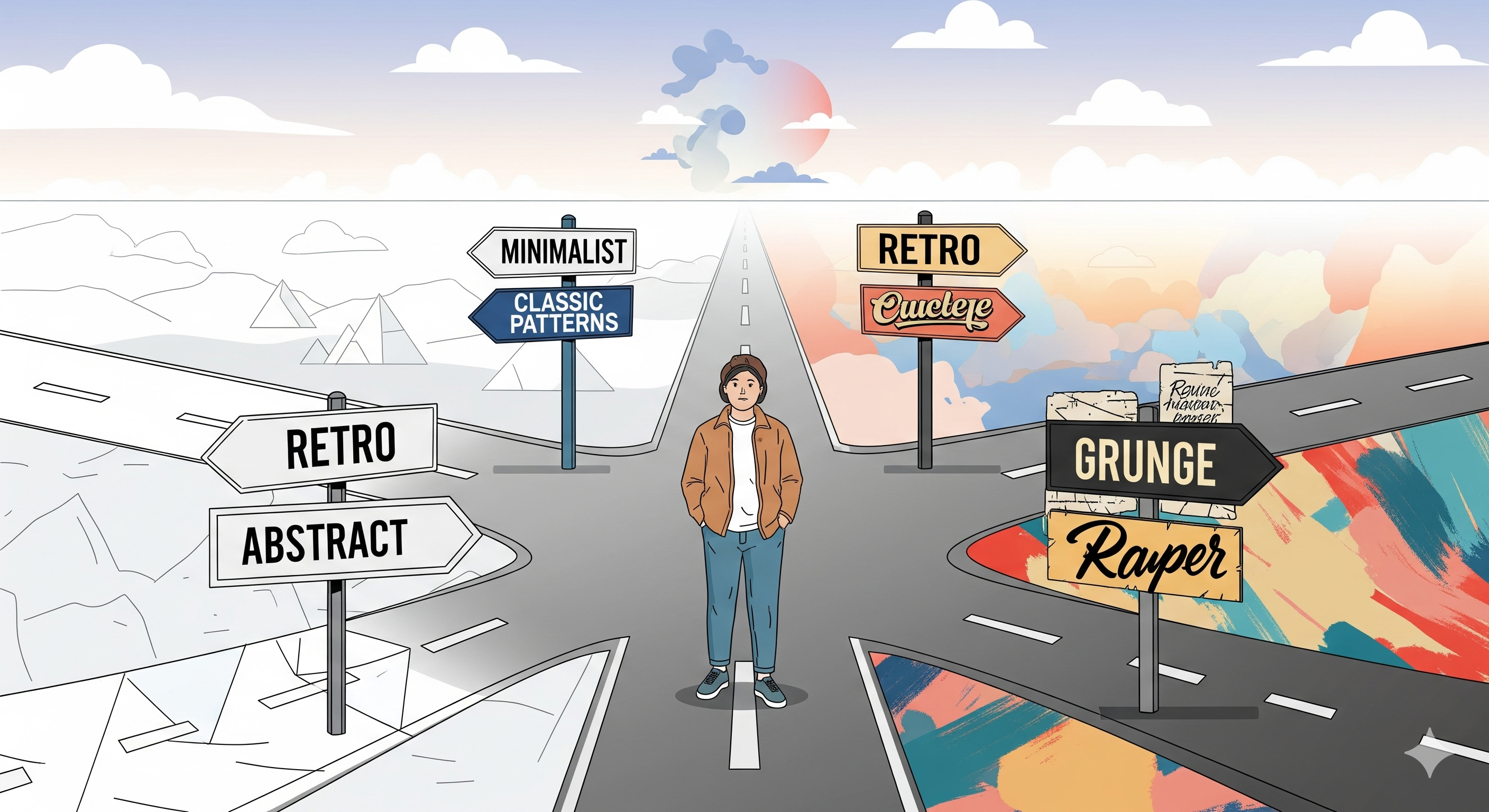 Ilustrasi seorang desainer yang sedang melihat berbagai macam gaya desain, dalam proses menemukan gaya desain pribadi.