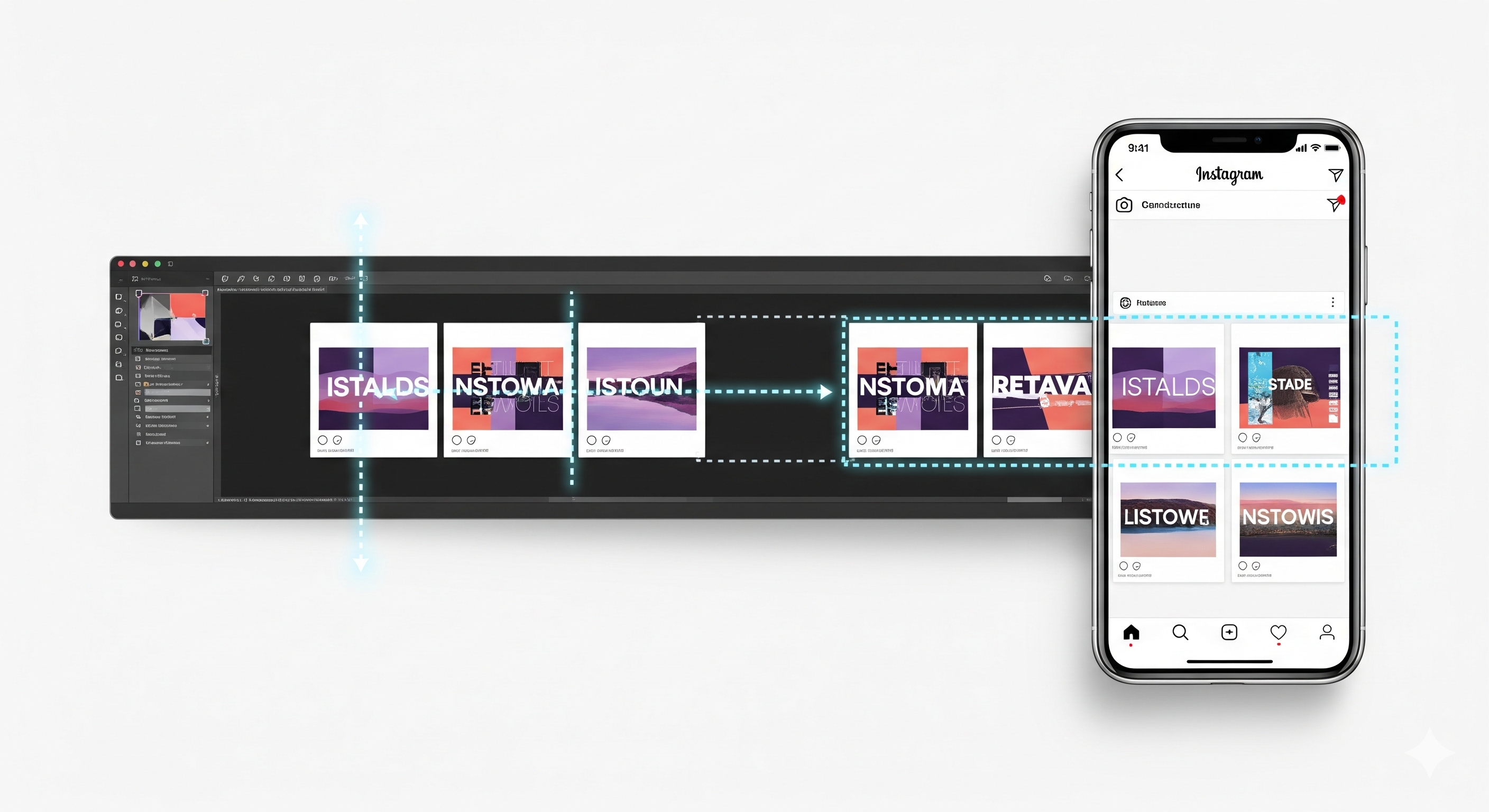 Infografis langkah-langkah cara membuat carousel Instagram yang seamless, dari membuat kanvas panjang hingga memotong gambar.